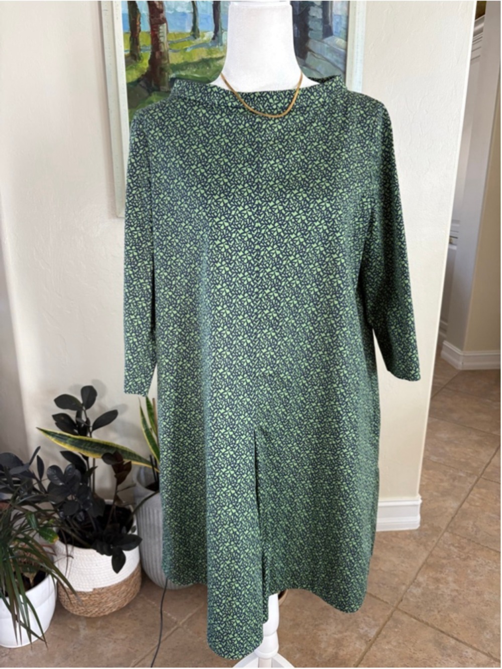 COS Dress Size 10 Green Navy Pattern, 3/4 length sleeve collar
